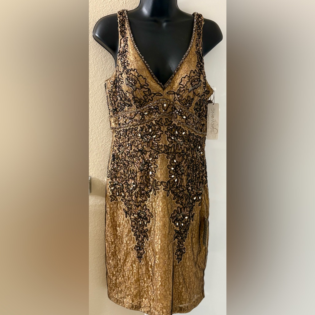 Nwt Sue Wong Sandlewood Nocturne Dress W/Brown Embroidery & Crystal Beading Sz14